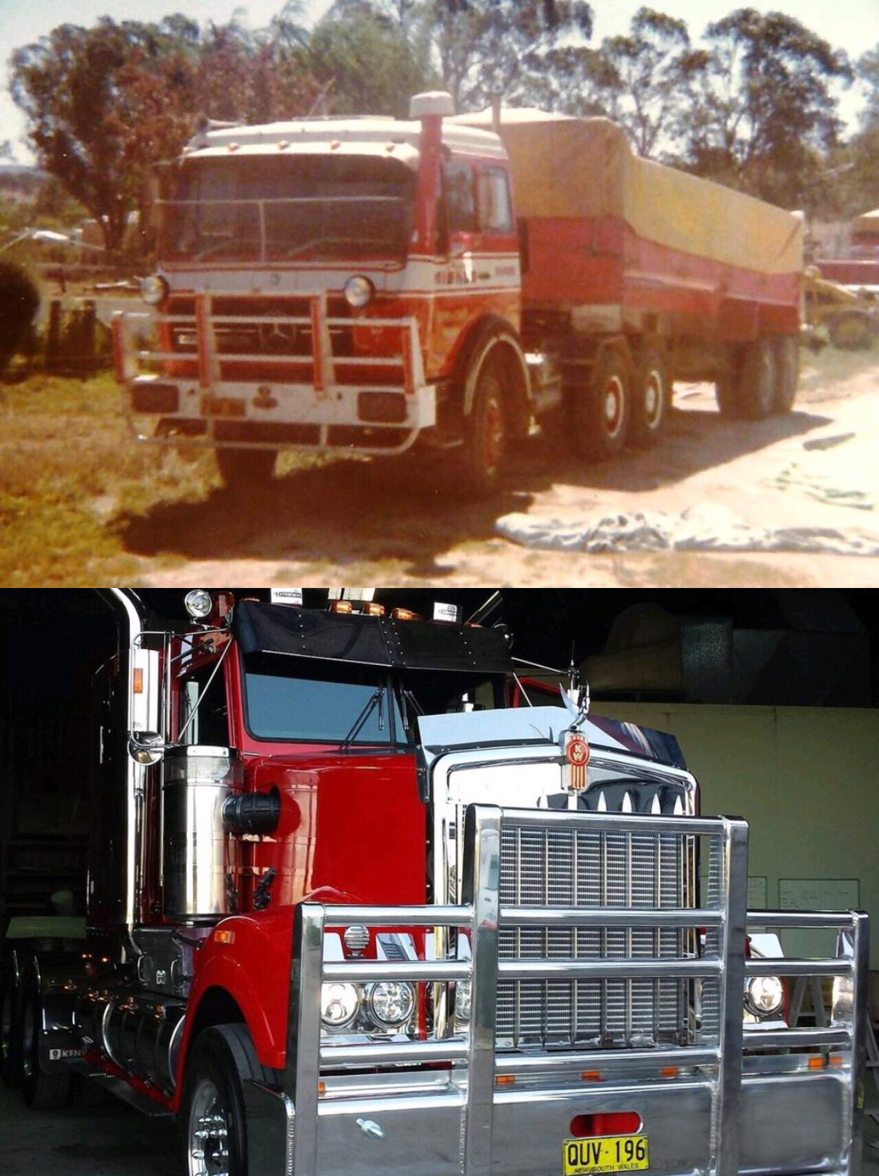 Photo of an old truck versus the latest Miskles red truck